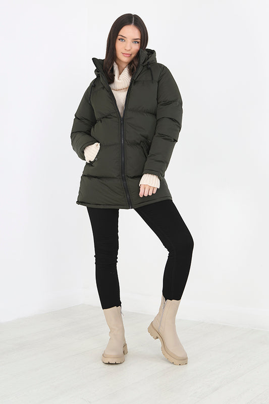 Khaki Longer Length Padded Hooded Jacket