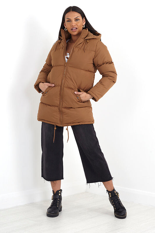 Toffee Padded Puffer Style Long Hooded Coat