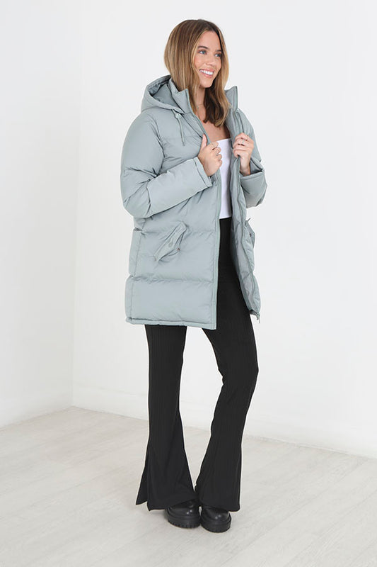 Light Sage Zip Through Longer Length Padded Jacket
