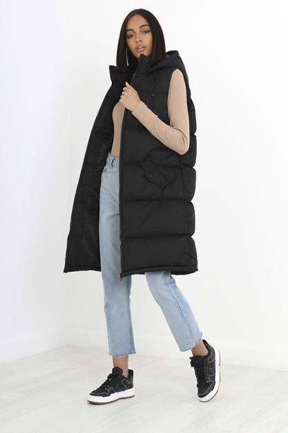 Black Plain Padded Longline Zip Through Hooded Gilet