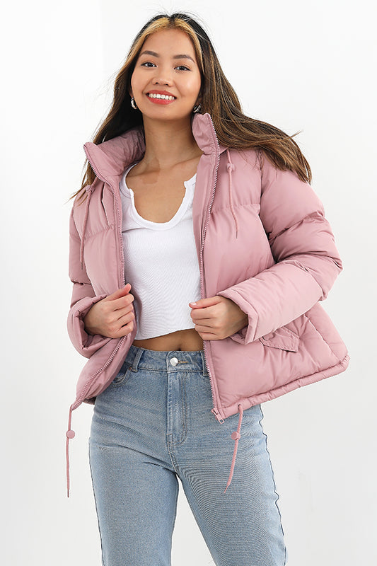 Dusky Pink Short Padded Drawcord Detail Zip Up Jacket