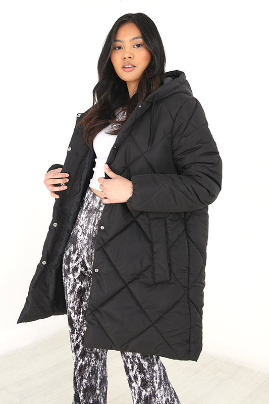 Black Diamond Quilted Longer Length Hooded Jacket
