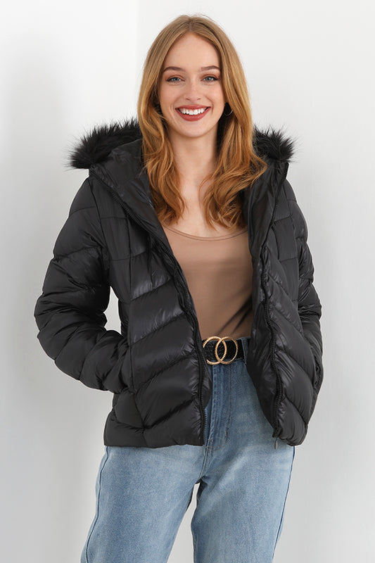 Black Padded Chevron Detail Hooded Jacket