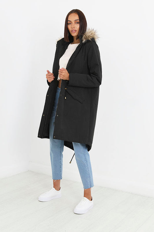 Black Longline Faux Fur Hooded Parka Coat