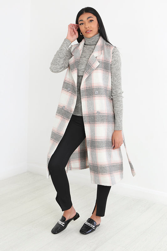 Checkered Faux Wool Belted Sleeveless Trench Coat