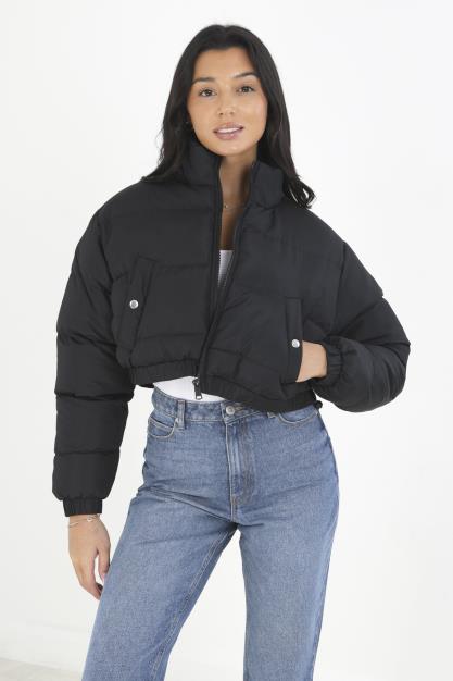 Black Large Collar Cropped Puffer Jacket