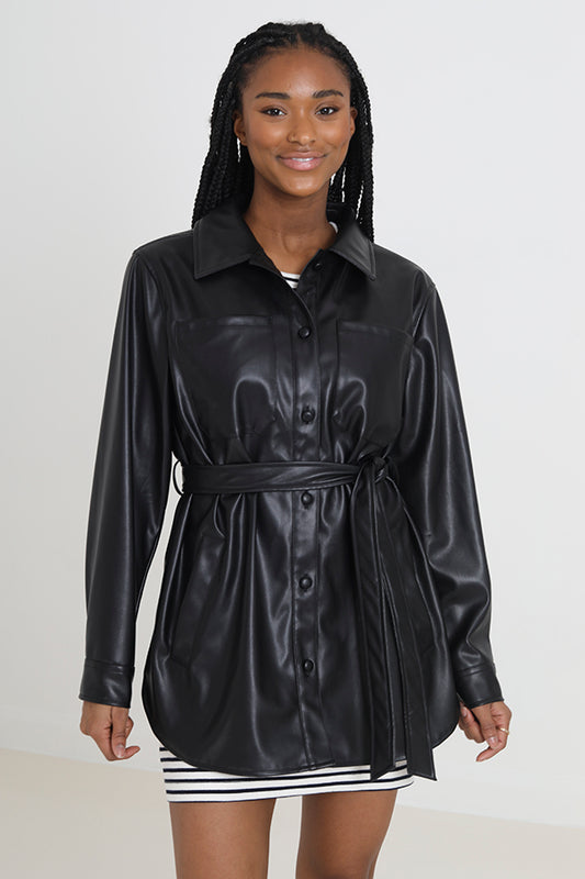 Black Faux Leather Tie Belt Long Sleeve Jacket