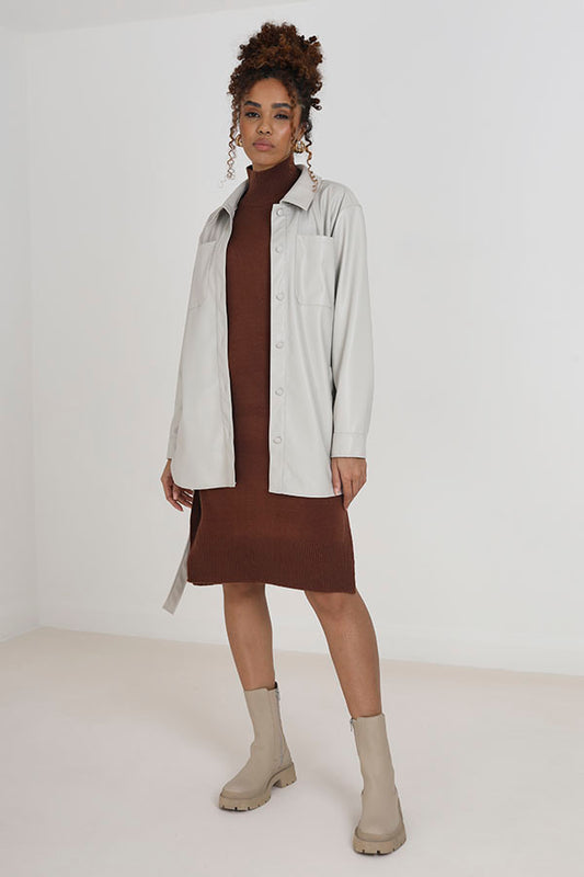 Stone Faux Leather Tie Belt Long Sleeve Jacket