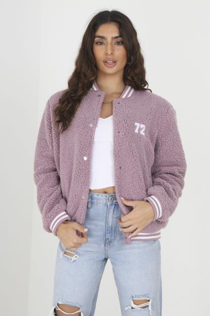 Purple Oversized Crew Neck Soft Borg Varsity Jacket