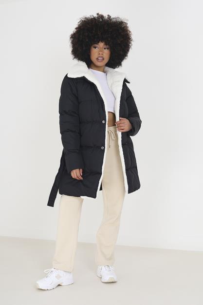 Black Padded Jacket With Large Borg Collar