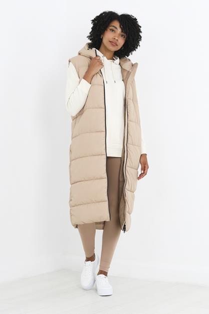 Camel Colour Fixed Hood Long Length Puffer Gilet