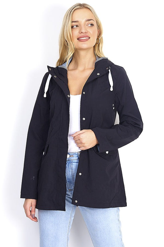 Coated Taslan Short Hooded Jacket With Stripe Binding