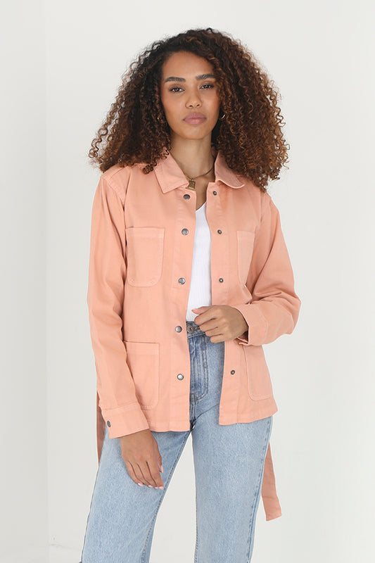 Peach Button Through Belted Shacket