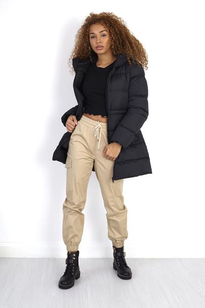 Black Longer Length Hooded Puffer Jacket