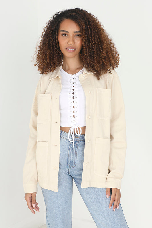 Cream Button Through Cotton Twill Jacket