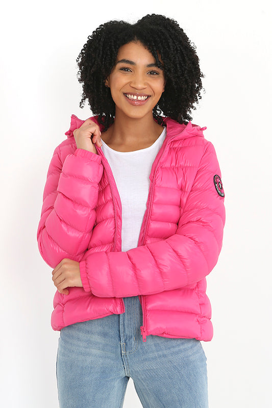 Cerise Pink Zip Through Badge Detail Padded Jacket