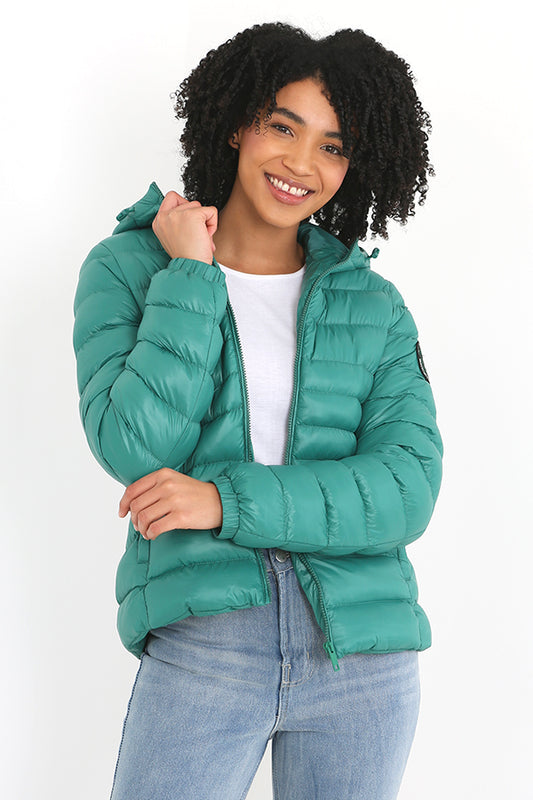 Jade Green Zip Through Badge Detail Padded Jacket
