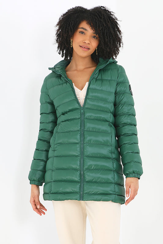 Forest Green Longer Length Hooded Padded Jacket