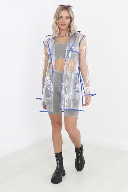 Hooded Cobalt Blue Binding Detail Clear Rain Mac