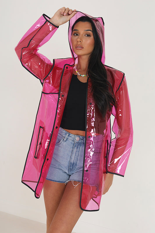 Pink See Through Hooded Festival Rain Mac