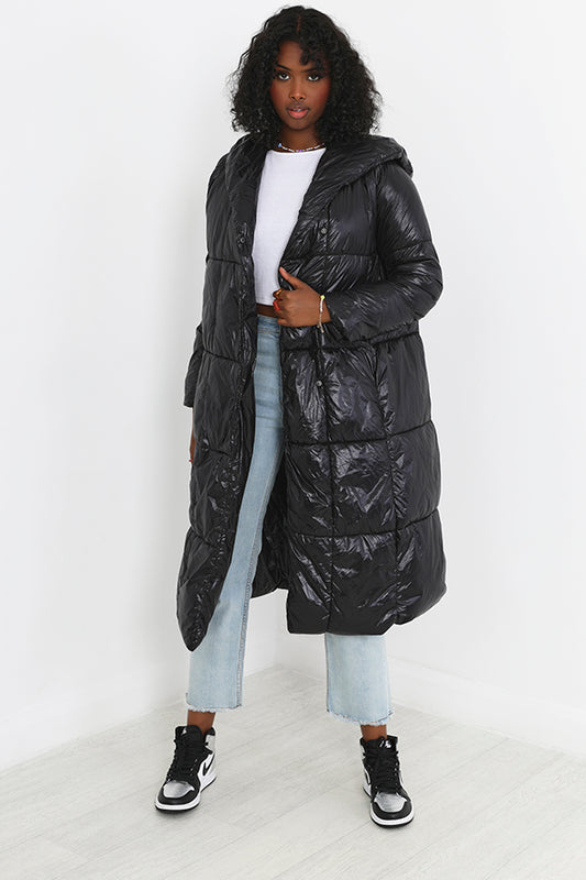 Black High Shine Longline Quilted Jacket