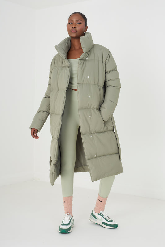 Khaki Maxi Puffer Coat With Belt