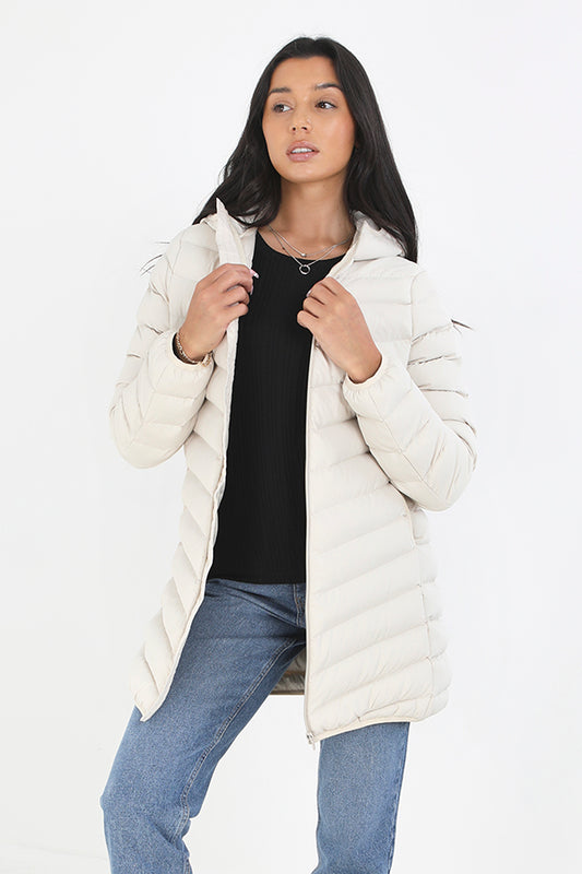 Stone Fixed Hood Elasticated Cuff Puffer Jacket