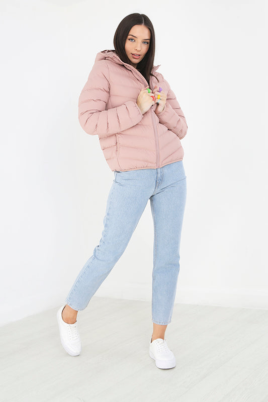 Dusky Pink Zip Through Hooded Padded Puffer Jacket