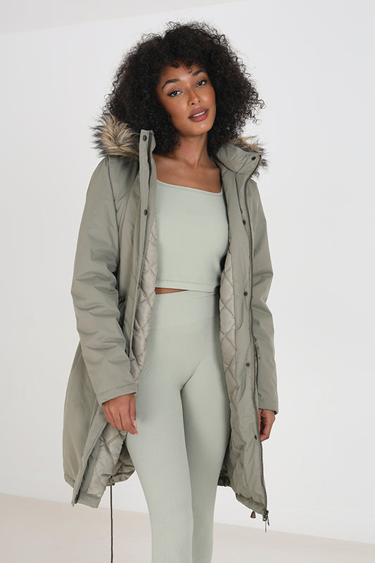 Longer Length Hooded Parka With Faux Fur Trim
