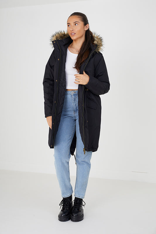 Black Parka With Faux Fur Trimmed Hood