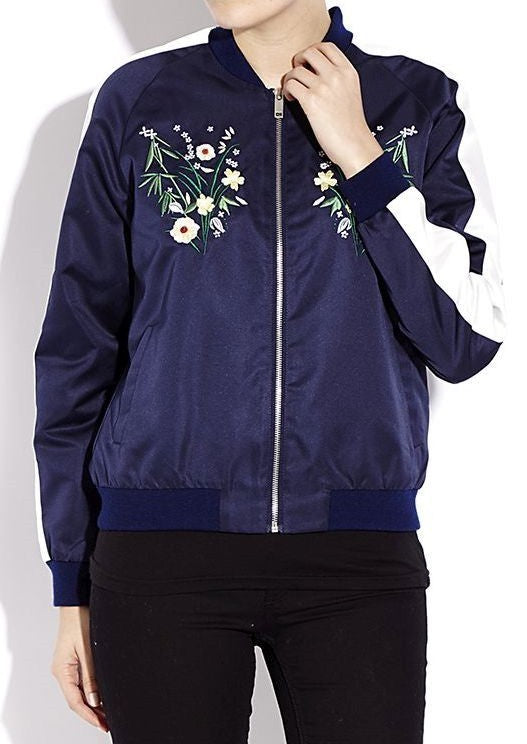 Hallie Floral Embroidered Stripe Satin Bomber Jacket