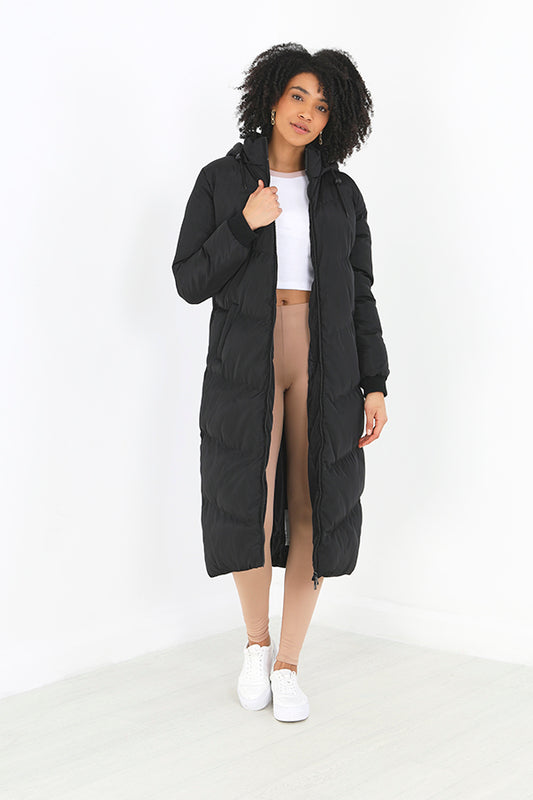 Long Length Hooded Padded Chevron Quilt Jacket