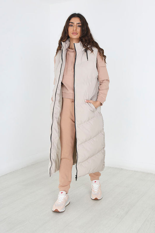 Stone Longline Chevron Quilt Hooded Padded Gilet