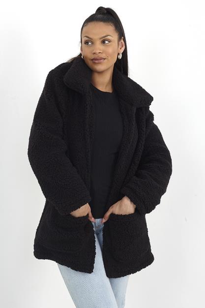 Black Soft Shaggy Fleece Open Jacket