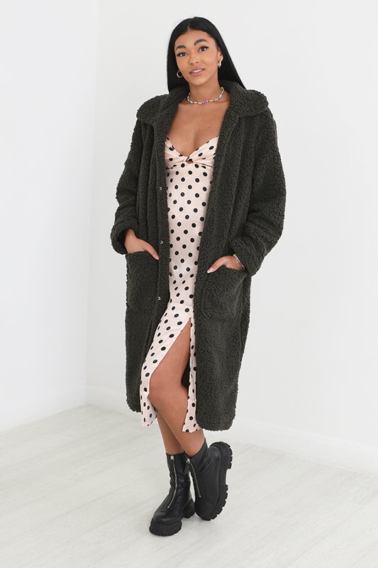 Khaki Longline Soft Shaggy Fleece Coat