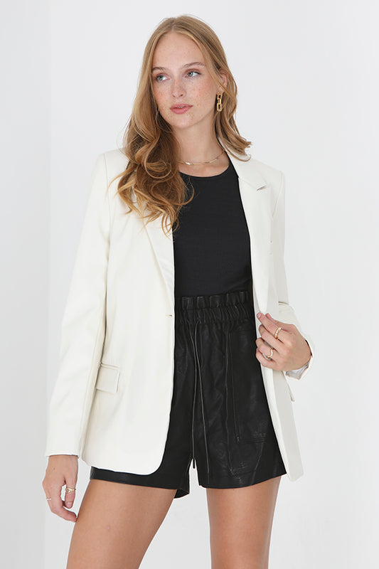White / Light Lemon Faux Leather Blazer