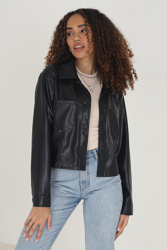 Faux Leather Cropped Button Through Shacket