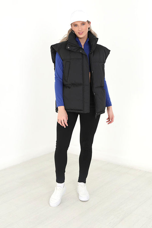 Black Zip Through High Neck Boxy Padded Gilet