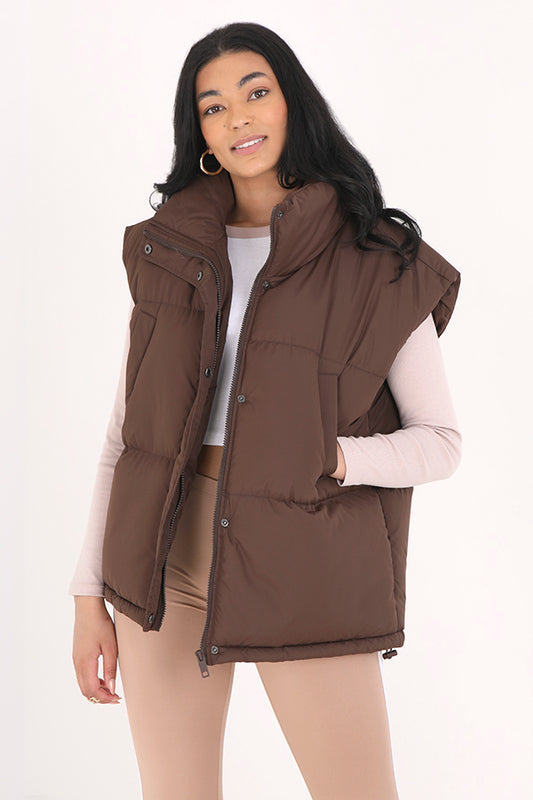 Chocolate Zip Through High Neck Boxy Padded Gilet