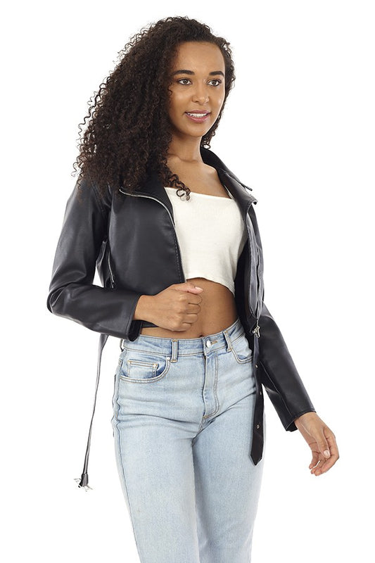 Belted Cropped Faux Leather Biker Jacket
