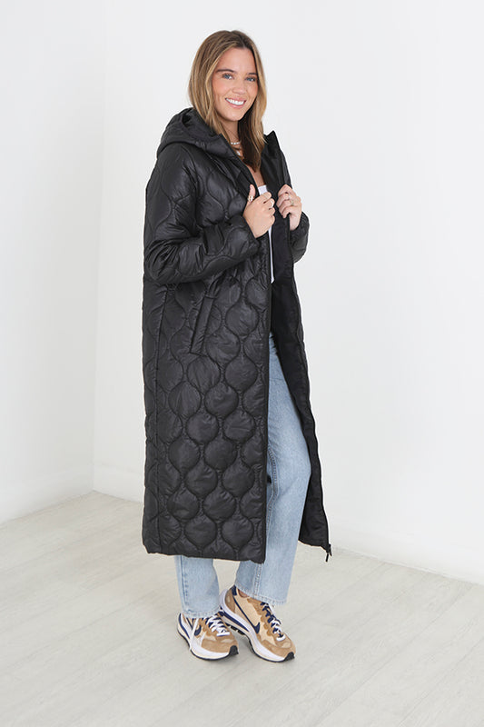 Black Shine Finish Maxi Length Quilted Padded Coat