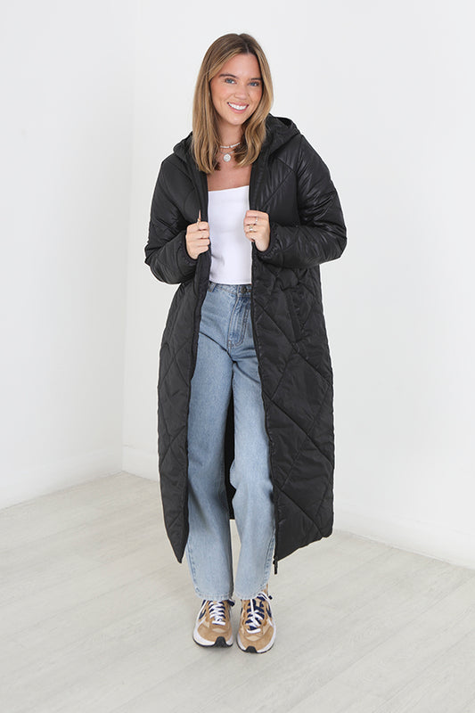 Black Diamond Quilted Maxi Length Padded Coat