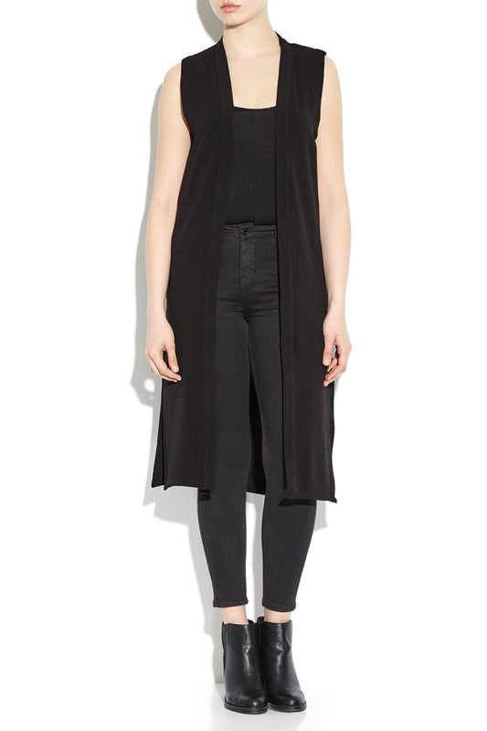 Black Crepe Maxi Length Side Split Gilet