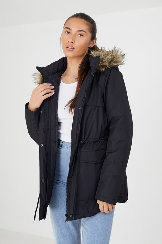 Black Parka With Faux Fur Trimmed Fixed Hood
