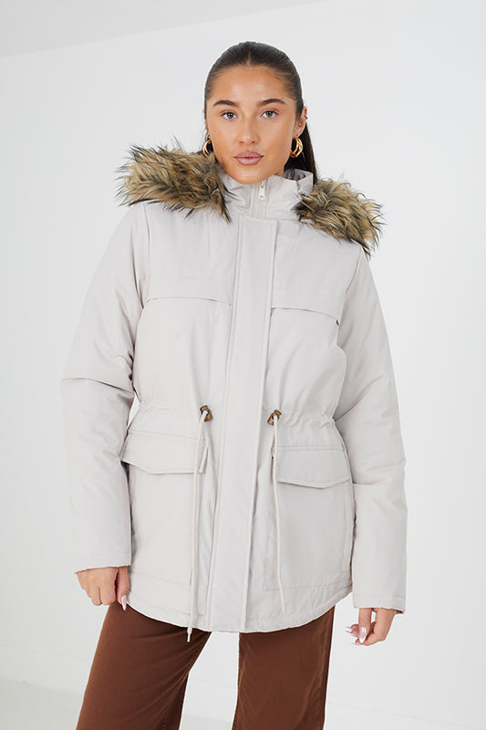 Stone Parka With Faux Fur Trimmed Hood