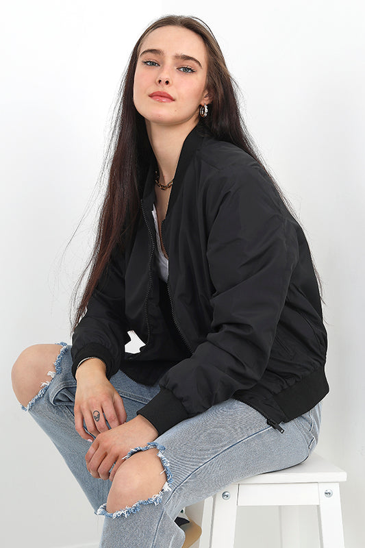 Plain Black Zip Through Bomber Jacket