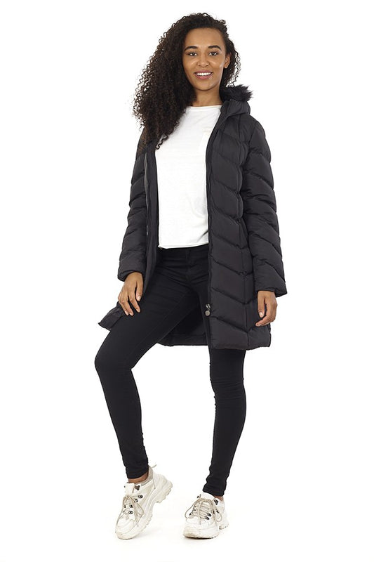 Faux Fur Hood Trim Chevron Padded Puffer Coat