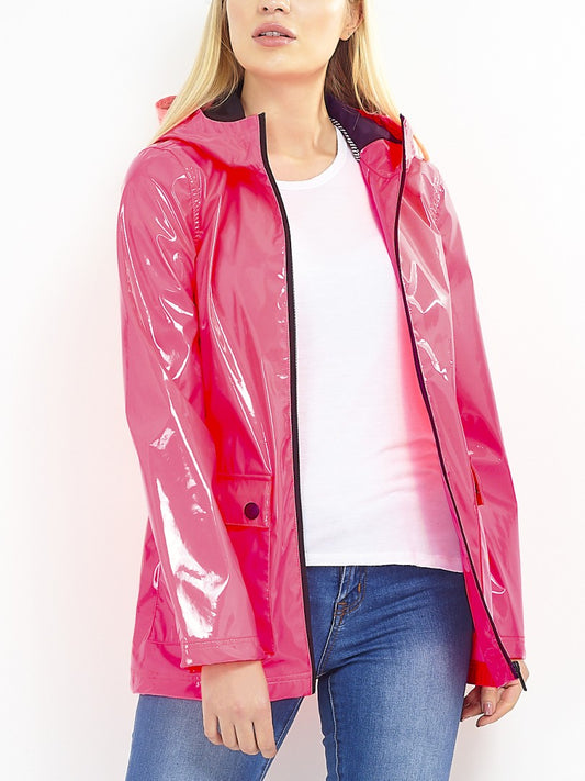 Neon Pink High Shine Patent Hooded Rain Coat