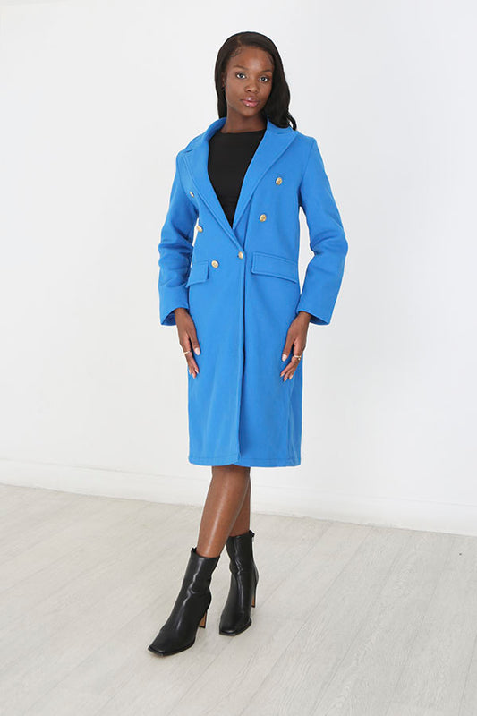 Bright Blue Military Style Double Breasted Coat