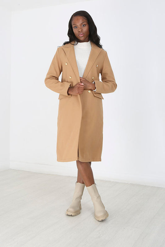 Camel Double Breasted Long Military Style Jacket